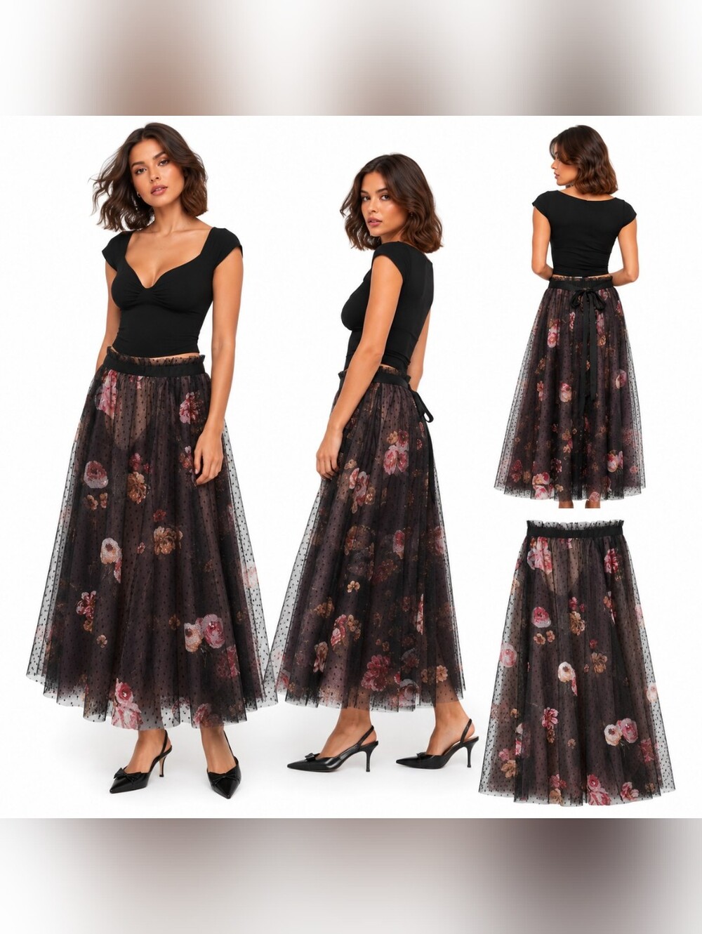 Nwt Love Ady Floral Mesh Midi Maxi Skirt Sheer Tulle French Dots Roses